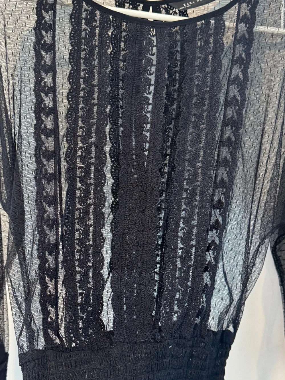 Zara Black Sheer Lace-Panel Long Sleeve Top open on the back Size XS
